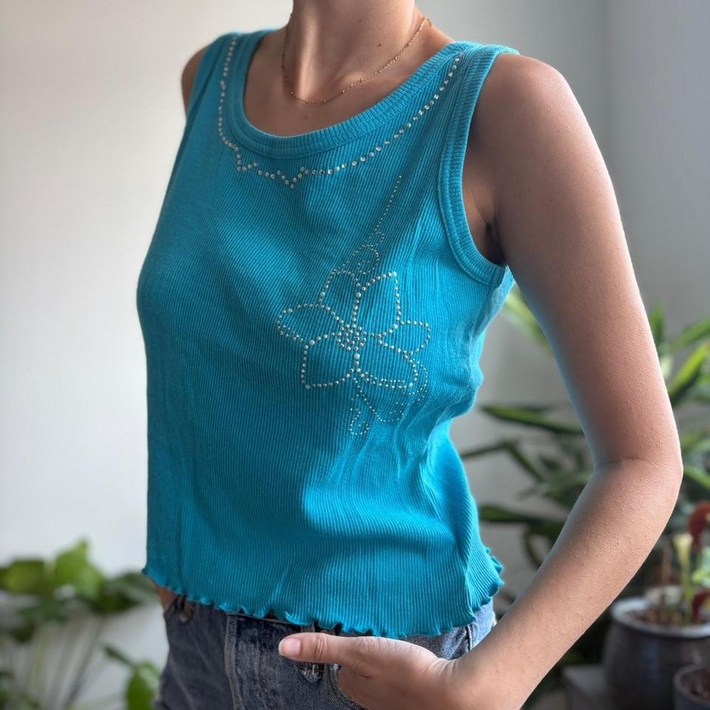 Jason Maxwell Turquoise Blue Ribbed Rhinestone Floral Tank Top Lettuce Hem L
